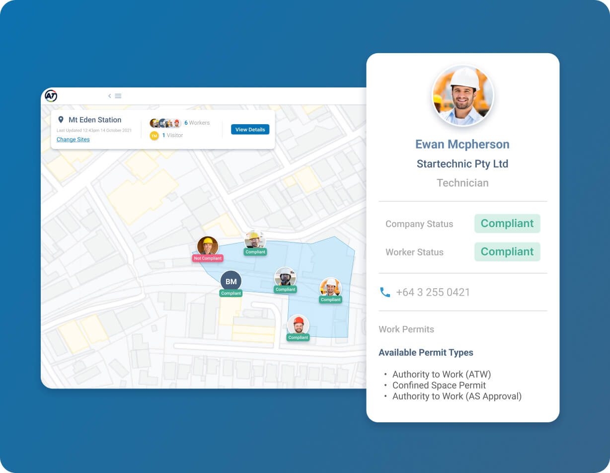 Site access control map showing worker locations with digital permit management interface